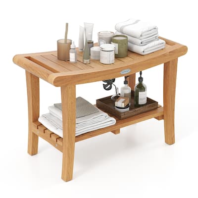 Gymax 30'' Large Teak Shower Stool w/ Storage Shelf Non-slip &