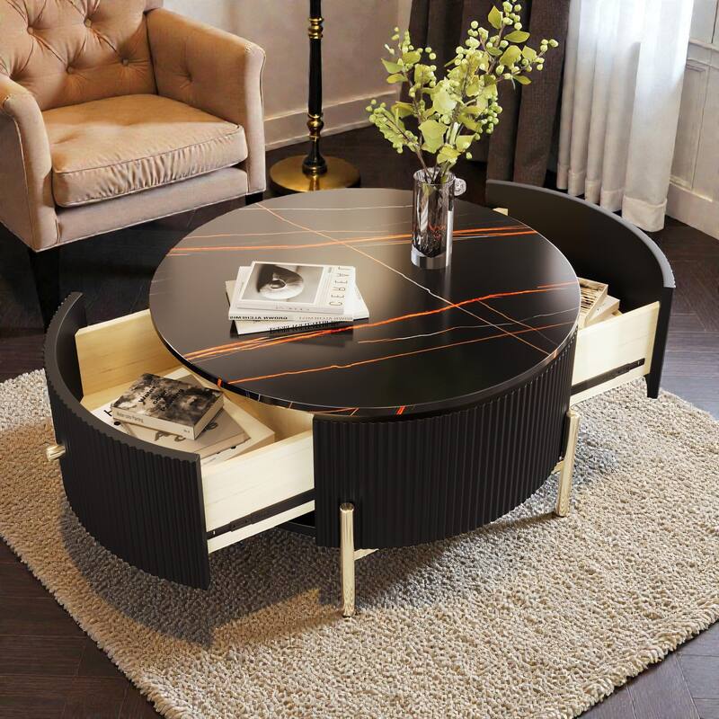 Modern Round Coffee Table with 2 Large Drawers, Marble Pattern MDF Top and Gold Metal Legs