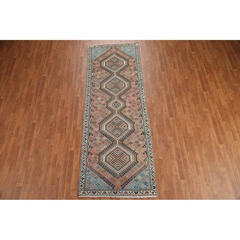 Hand Knotted Oriental 100% Wool Carpet Traditional Geometric Oranges & Rust Bakhtiari Runner Rug - 9' 10'' X 3' 6''
