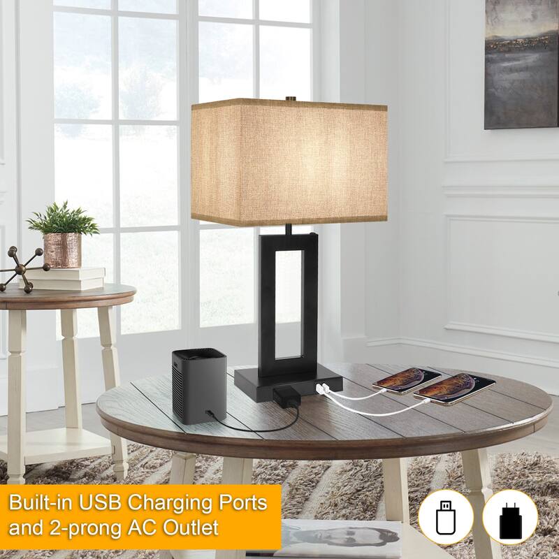 22" Gray USB Table Lamp Set With Touch Control