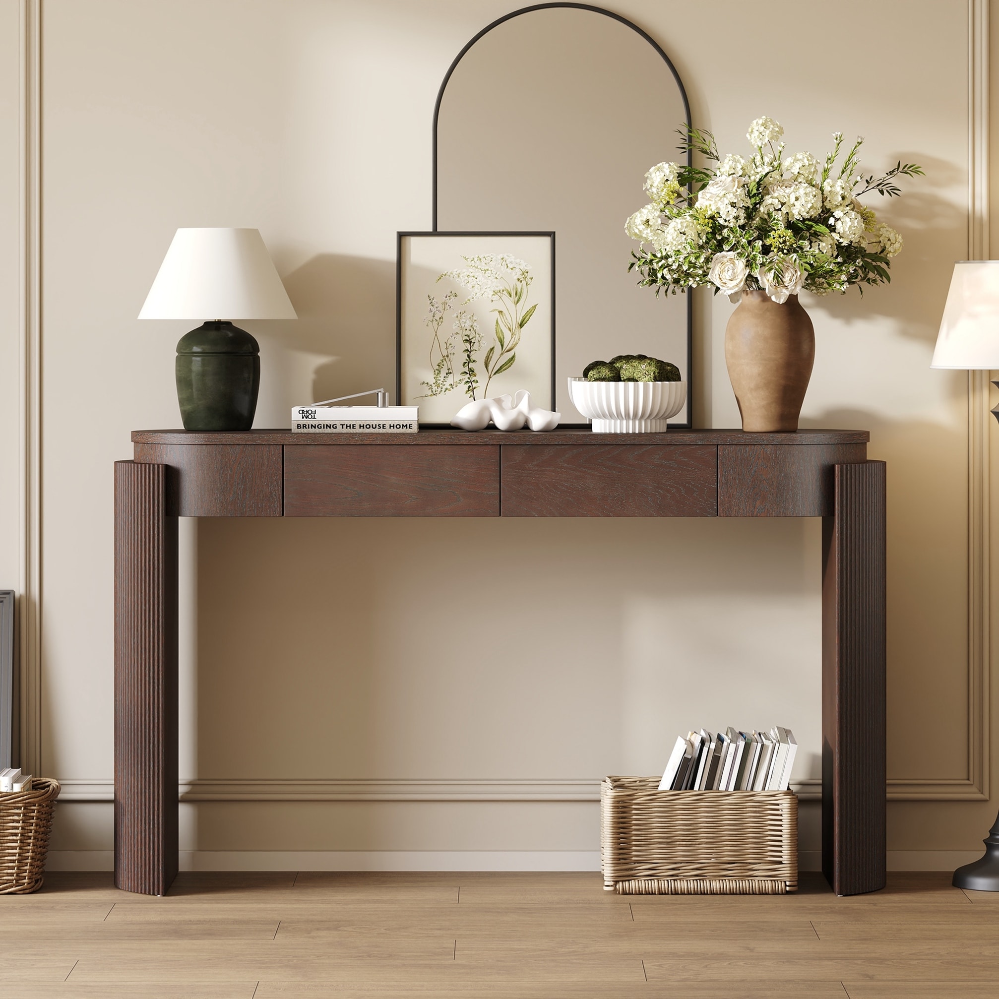 Entryway Table with Natural Wood Grain Finish, Console Table with Fluted Design, Oval Top and 2 Drawers for Entryway