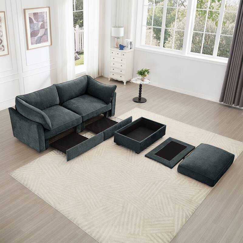 2-Seater Loveseat with 1 Movable Ottoman & Pull out Storage Drawer Under Seat