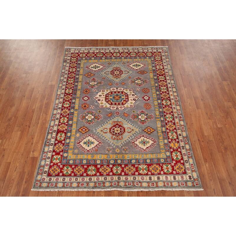 Grey Kazak Oriental Area Rug Hand-Knotted Wool Carpet - 5'0" x 6'10"