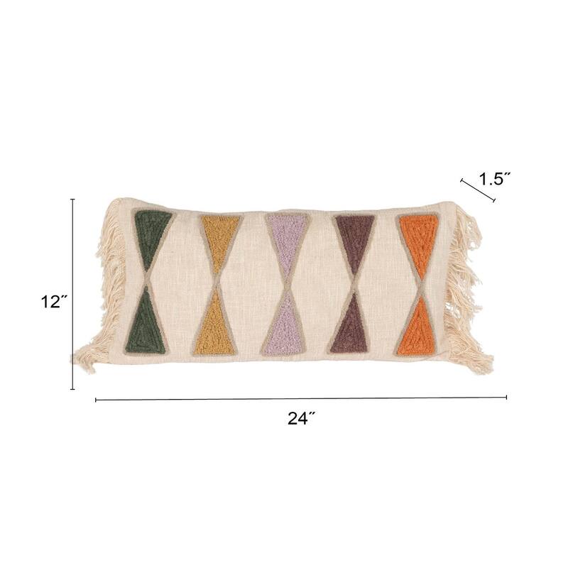 Cotton Lumbar Pillow with Embroidery and Fringe