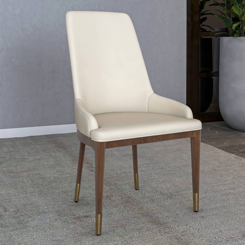 Dining Chair Upholstered in Leather with Rubberwood Frame Set of 2 Side Chair High Back and Gold Accent Legs
