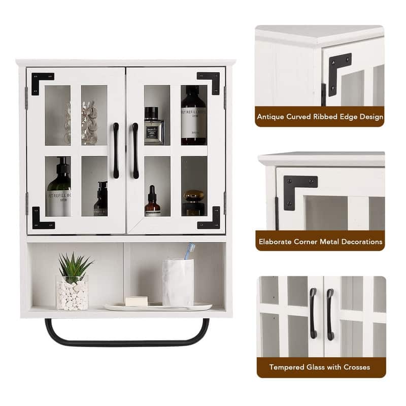 Wood Wall Storage Cabinet with Cross Glass Doors - 8.27"D x 19.3"W x 26.3"H