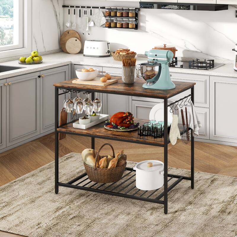 Gymax Kitchen Island 3-Tier Prep Table with Wine Glass Holders Large