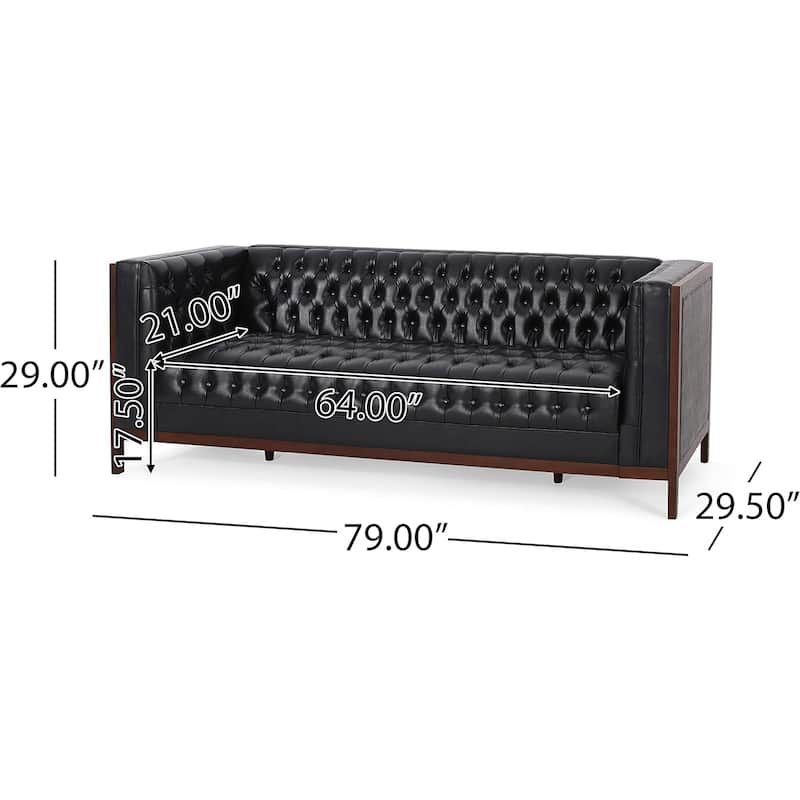 Sofa, 79 Inch 3 Seater, Button Tufted Black Faux Leather, Rubberwood