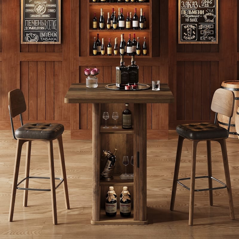 27.6" Square Bar Table with 3-Tier Hidden Storage and Sliding Doors