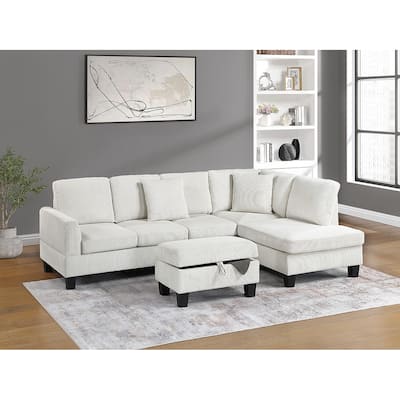 3pc Sectional Set with Chaise, Sofa & Storage Ottoman, Beige Corduroy, Pillows Included