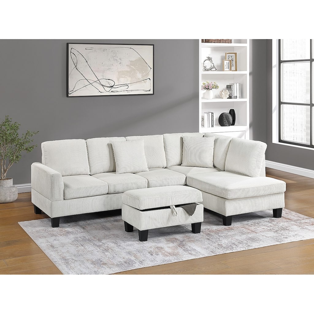 3pc Sectional Set with Chaise, Sofa & Storage Ottoman, Beige Corduroy, Pillows Included