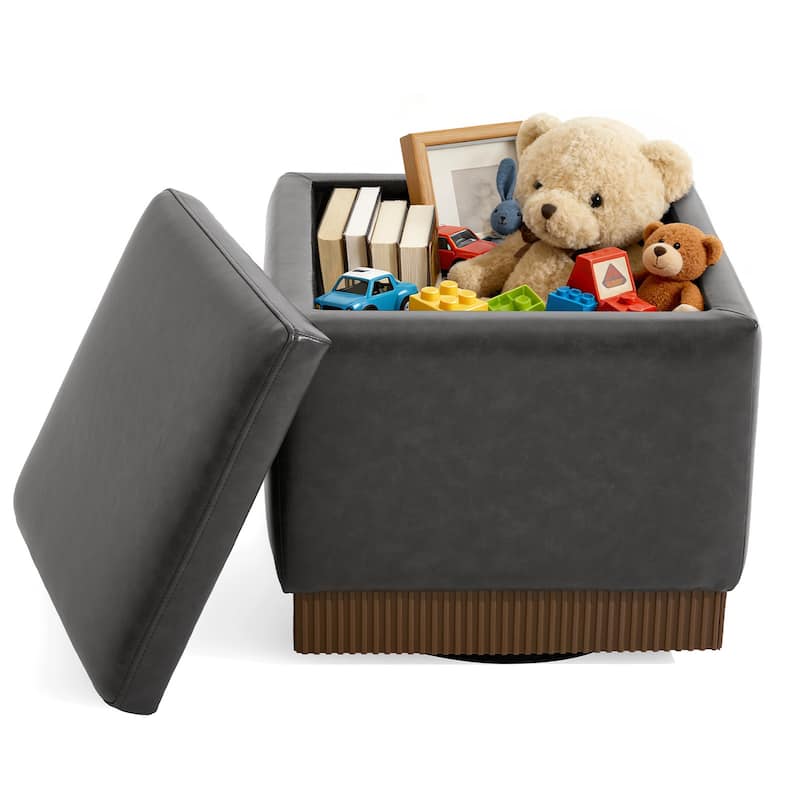 Swivel Storage Ottoman Bench Footstool with Flip-top and Acacia Frame