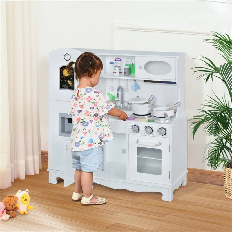 Kids Wooden Kitchen Playset with Sink Stove Phone Accessories and Storage White Pretend Cooking Toy - 41x28 in