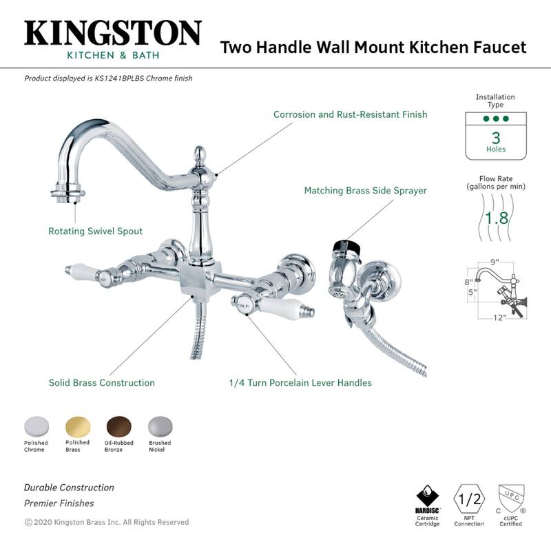 Kingston Brass Bel-Air Wall Mount Bridge Kitchen Faucet with Brass Sprayer