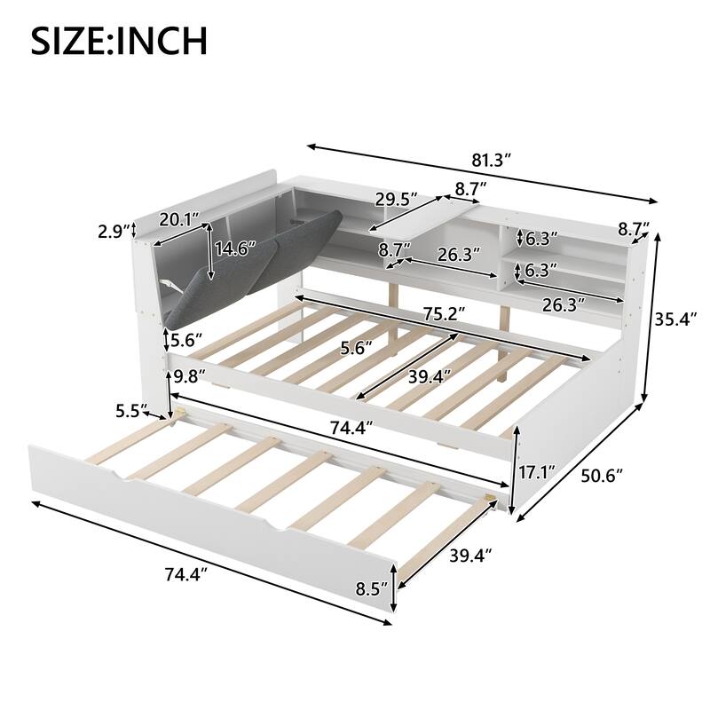 Twin Size Platform Bed with Trundle, Storage Shelves, Headboard with Upholstery, and Space-Saving Rotating Board