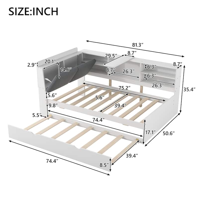 Twin Size Platform Bed with Trundle Bed, Built-in Storage Headboard, Shelves, and Rotating Board, Upholstered Backrest