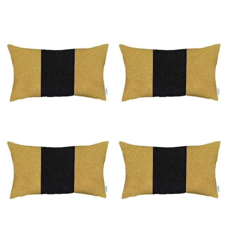 HomeRoots Set Of Four 20" X 12" Black And Yellow Geometric Zippered Handmade Polyester Lumbar Pillow
