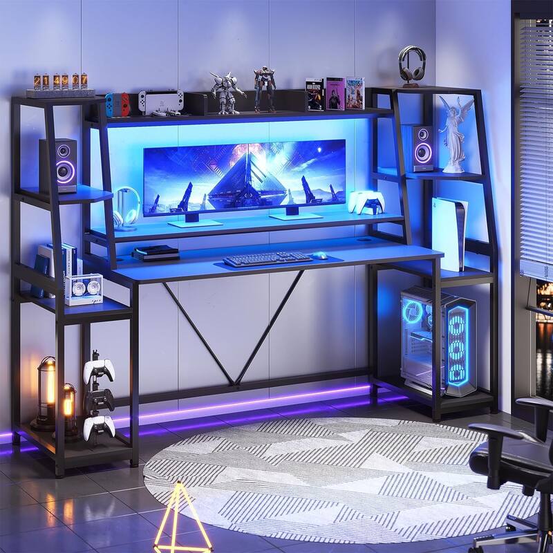 Gaming Desk with Storage Shelves and LED Lights