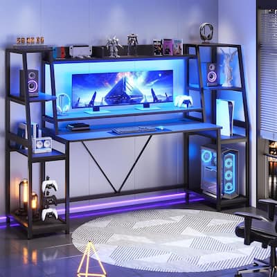 Gaming Desk with Storage Shelves and LED Lights