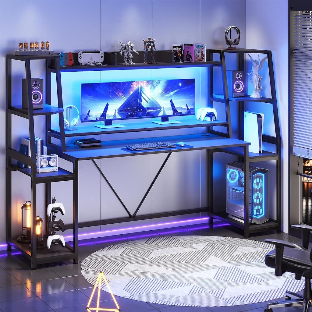 Gaming Desk with Storage Shelves and LED Lights