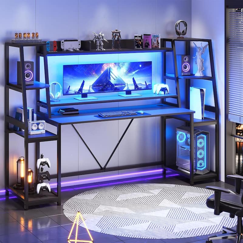 Gaming Desk LED Lights Hutch and Storage Shelves PC Gamer Desk - 78.8'' - Black