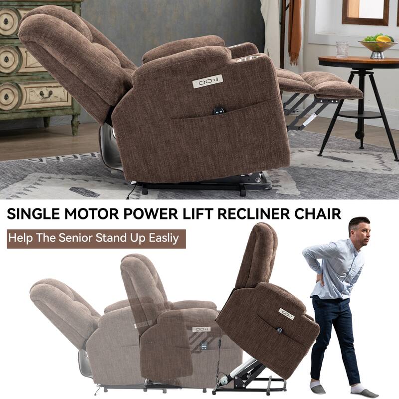 Grey Large Power Lift Recliner with Massage, Heat, USB, and Cup Holders