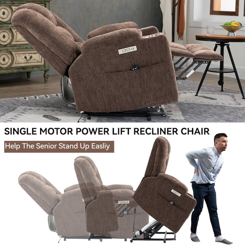 Power Lift Recliner Chair with Dual USB Ports, Cup Holders, Chenille Fabric, 155° Recline, Easy Assembly