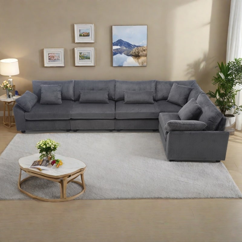 146" Fabric U-Shape Modular Sectional Sofa with Deep Seats and 7 Pillows (5-Seater) - Dark Gray