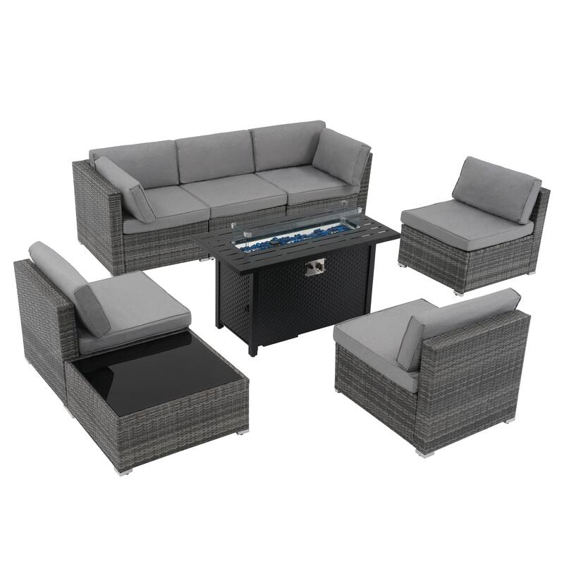 Outdoor Wicker Sectional Sofa 8-Piece Set with Fire Pit Table