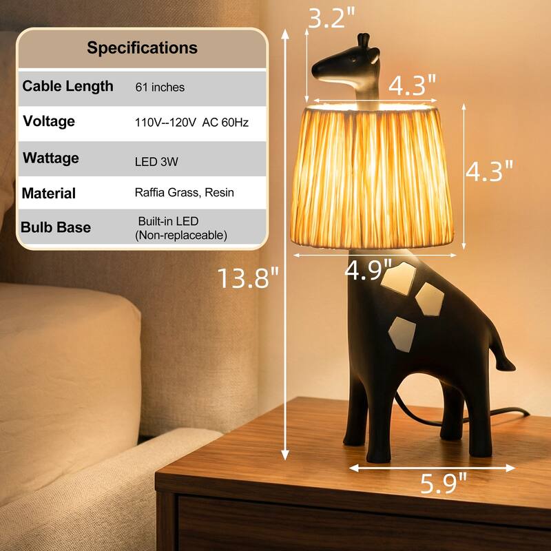 Giraffe Table Lamp with Handwoven Raffia Lampshade, LED Bedside Lamp with In-Line Switch, Resin Base