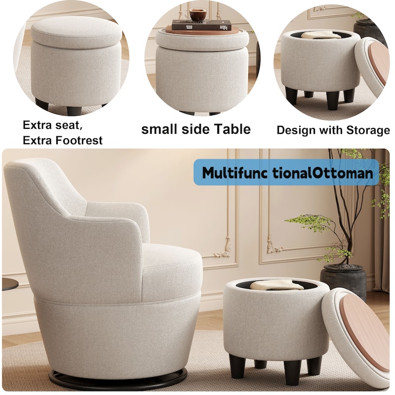 Swivel Accent Chair with Storage Ottoman, Modern Lounge Sofa Chair Barrel Chair Arm Chair with Nail Trim