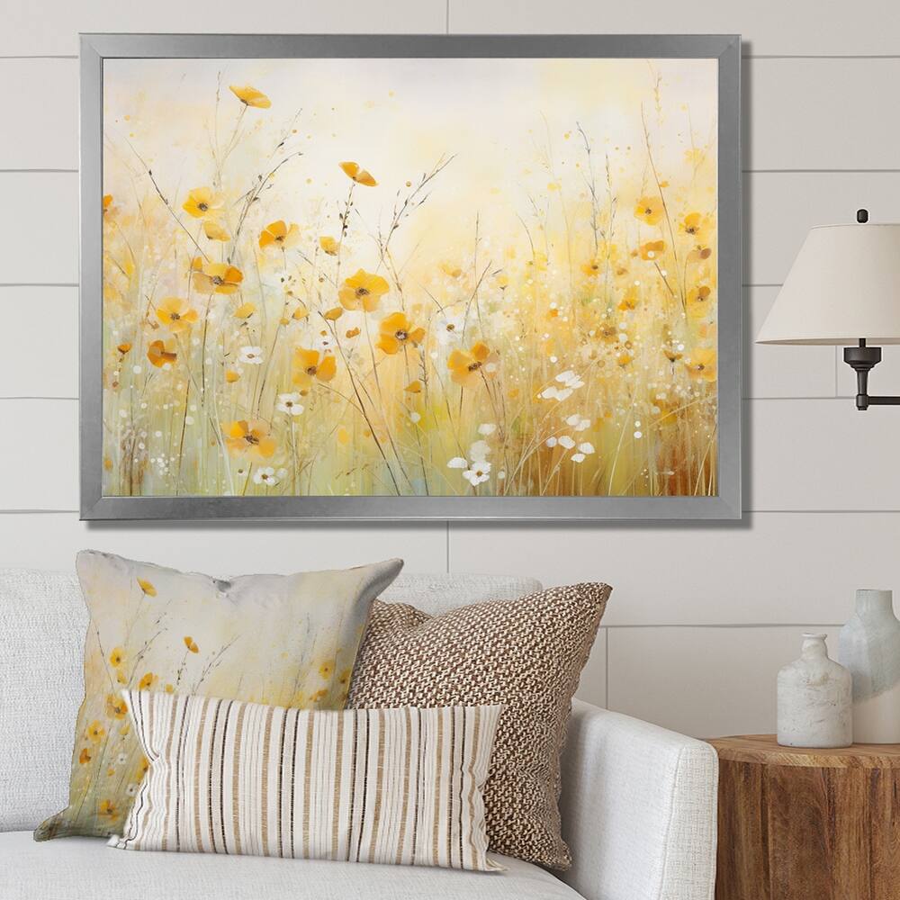 Designart "Blooming Yellow Poppy Flowers In The Meadows" Poppies Framed Canvas Art Print