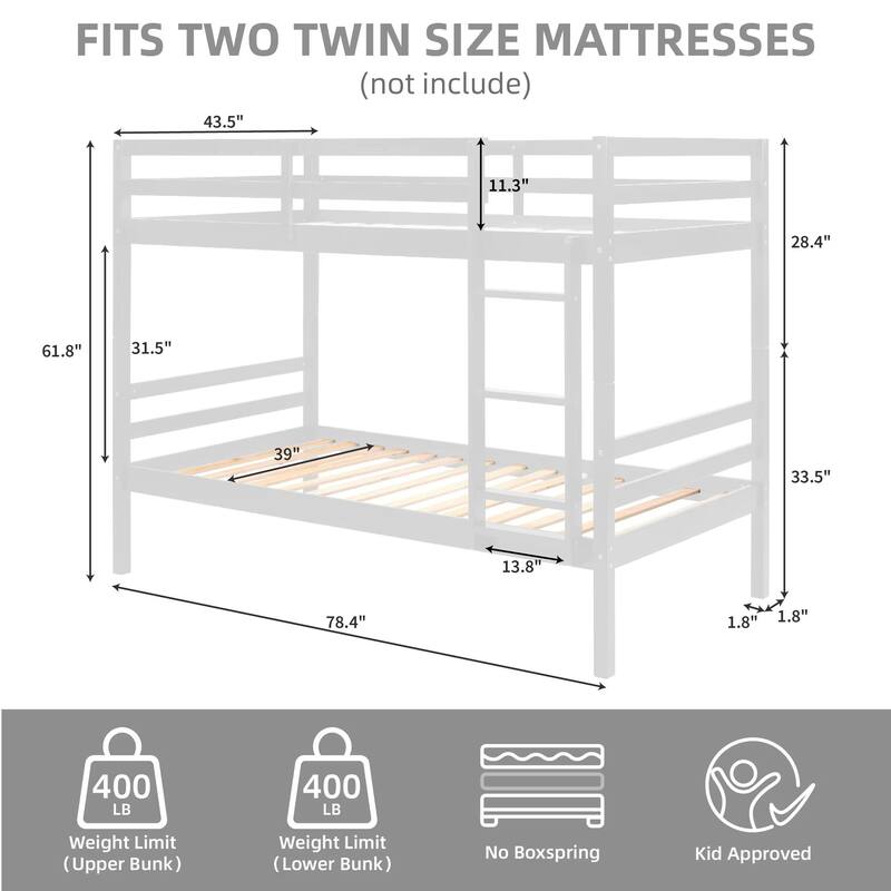 Twin over Twin Wooden Bunk Bed,High Guardrail,Ladder,Kids Teens,Dorm