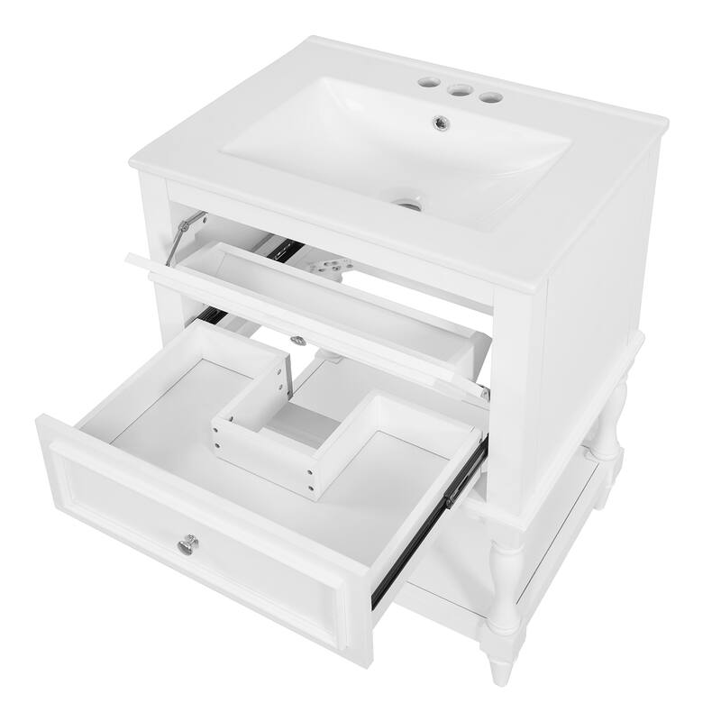 24" Retro Bathroom Vanity with Ceramic Sink & 2 Drawers - Solid Wood Storage Cabinet with Open Shelf