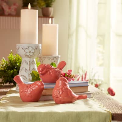 Floral Bird Ceramic Figurines - 4.75" - Pink - Set of 6