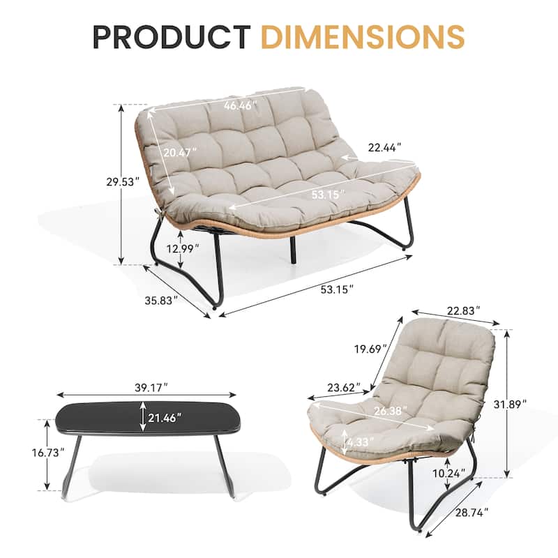 Double Papasan Chair Loveseat with Cushion, All-weather PE Rattan and Metal Frame for Indoor Outdoor
