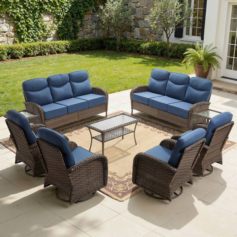 Meyreso 9-Piece Wicker Patio Conversation Set with Swivel Gliders and 6-Inch Thick Olefin Cushions - Brown Wicker - Navy Blue Cushions