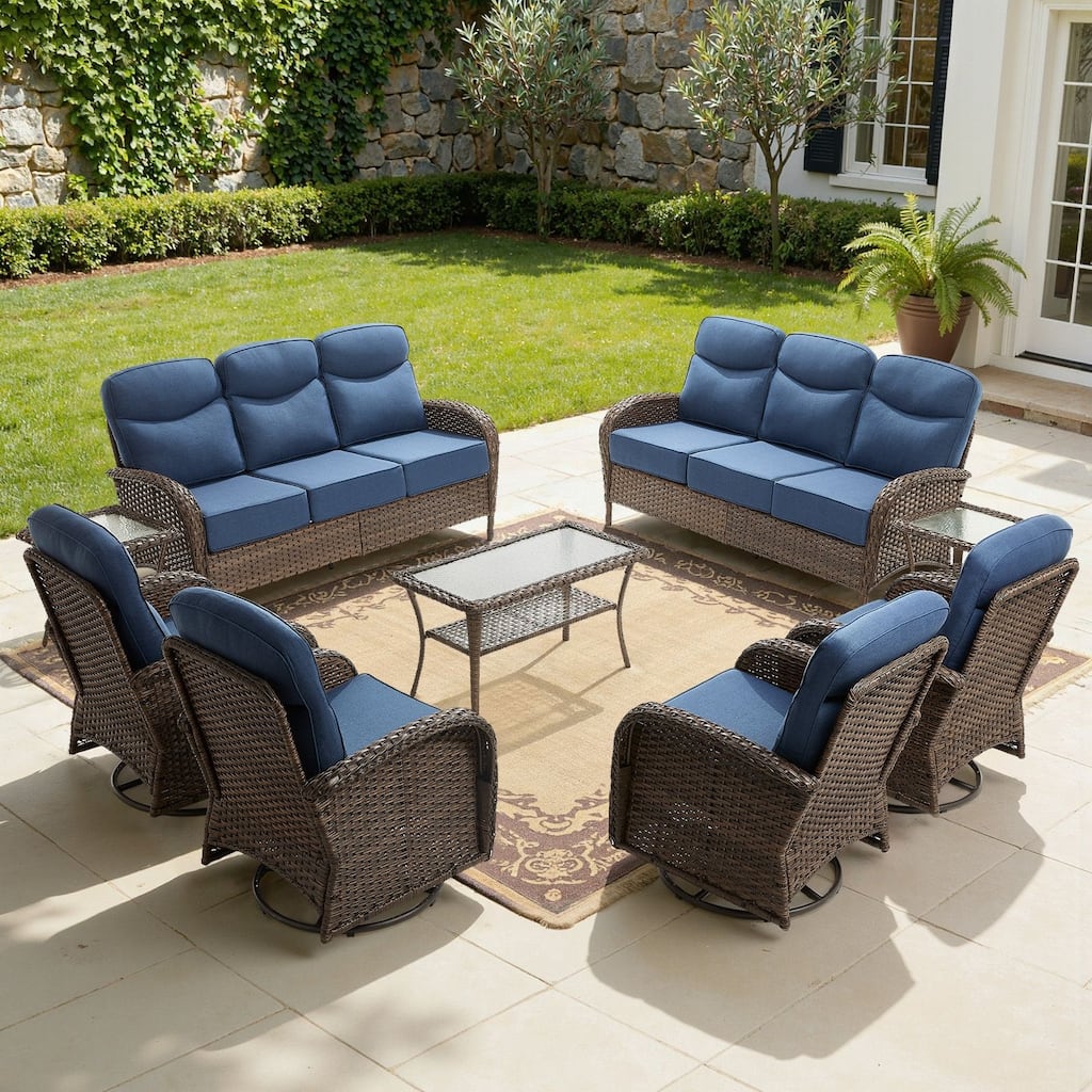 Meyreso 9-Piece Wicker Patio Conversation Set with Swivel Gliders and 6-Inch Thick Olefin Cushions