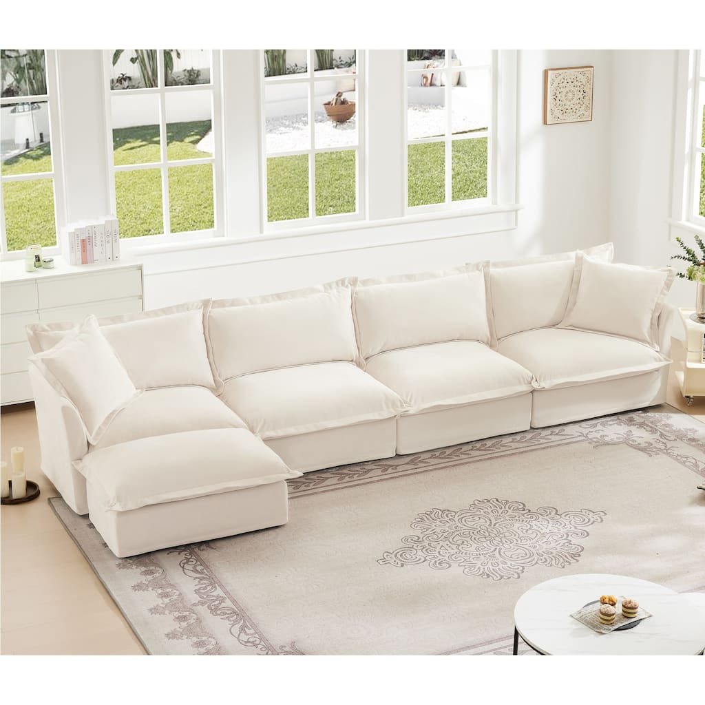 Modern 4 Seater Upholstered Sofa with 1 Ottoman and 2 Pillows