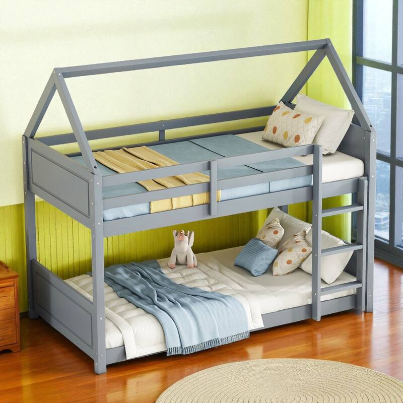 Twin over Twin House Bunk Bed with Roof Frame, Guardrails, Ladder and Headboards, Rubber Wood Kids Floor Bed