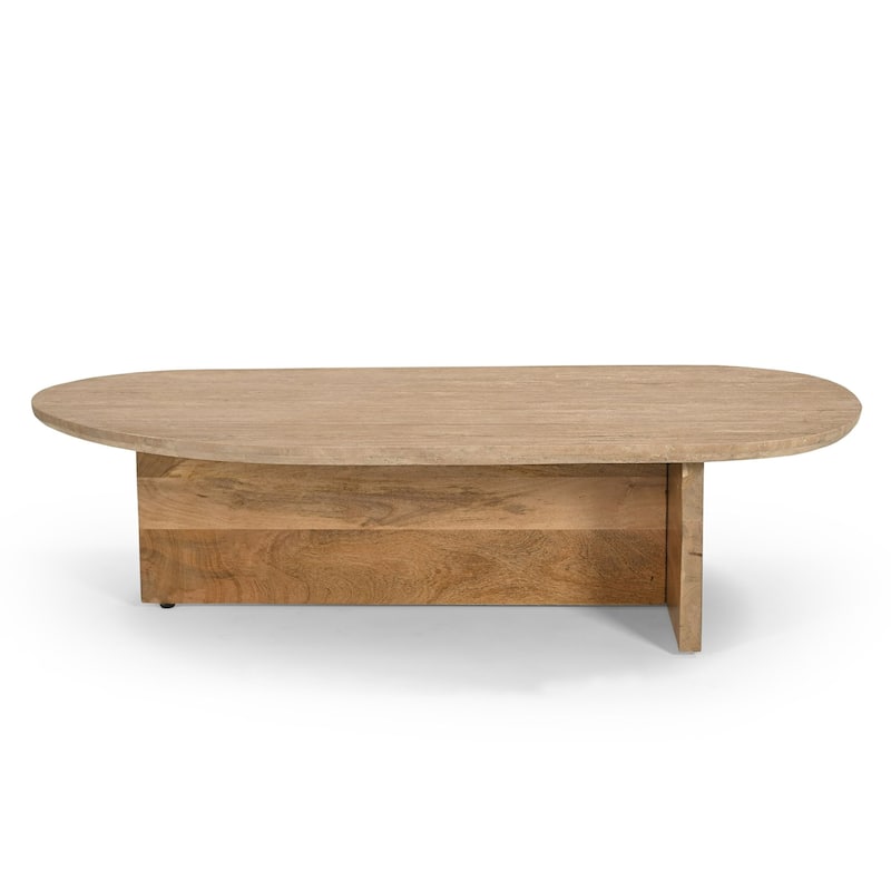 Modrest Chisholm Modern Travertine Marble & Wood Freeform Coffee Table