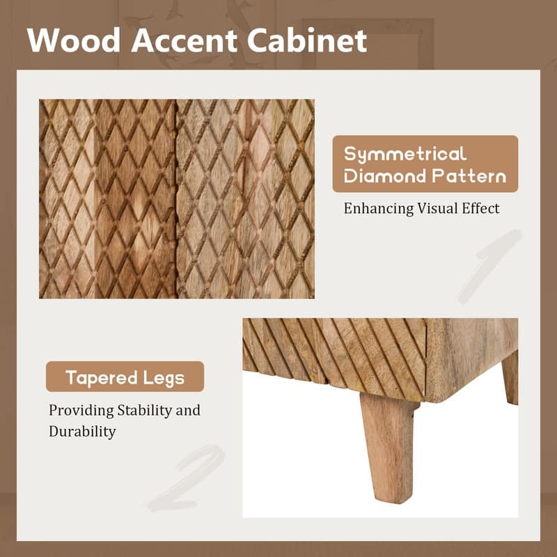Wood Accent Cabinet with Storage, Rustic Mango Wood Storage Cabinet with Fluted Design and Adjustable Shelf