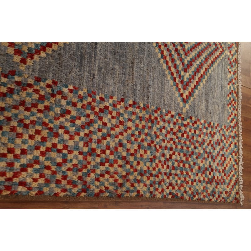 Hand Knotted Oriental 100% Wool Carpet Modern Geometric Greys & Charcoal Moroccan Area Rug - 9' 8'' X 6' 4''