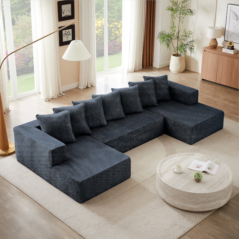 Blue Chenille U-Shaped Sectional Sofa, 128x61x32 inch, 158 lbs