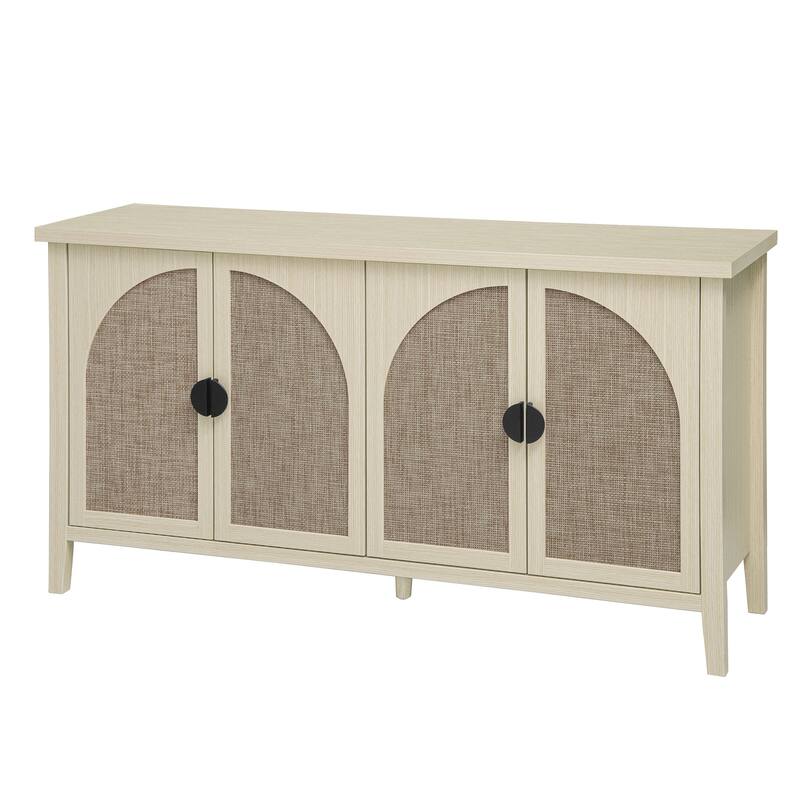 Roomfitters Rattan 4 Door Storage Cabinet, Sideboard Buffet Accent Cabinet with Adjustable Shelves, Natural