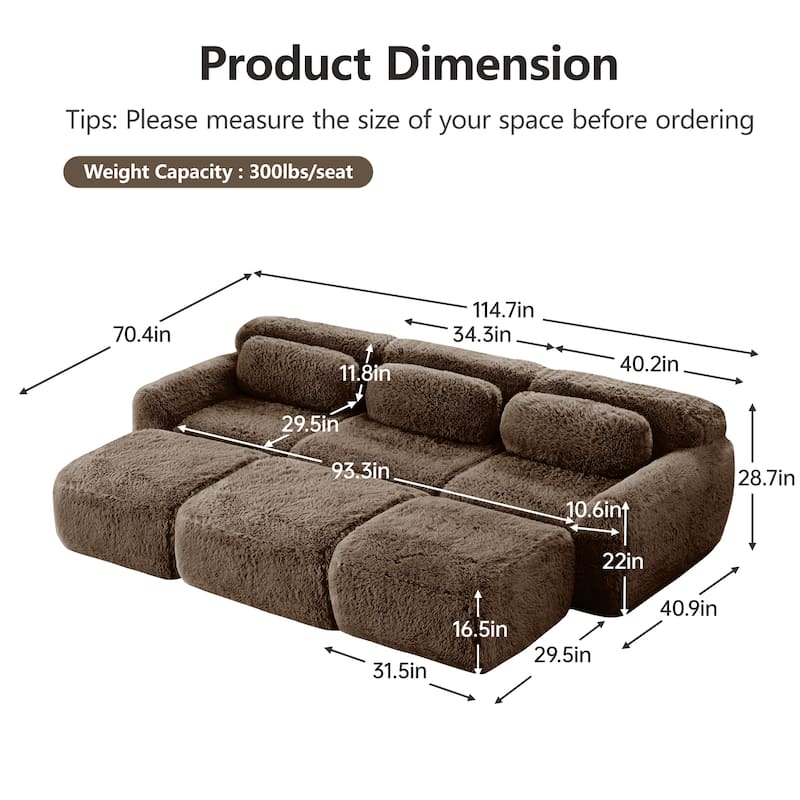 Anmytek 3-Seater Modular Sectional Sofa Soft Plush Fabric Movable Ottoman Non-Slip Base No Assembly