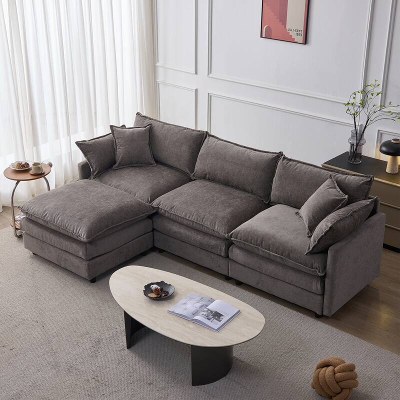 105" Modular Sectional Sofa with Ottoman, Upholstered Chenille Fabric 3-Seater - Grey