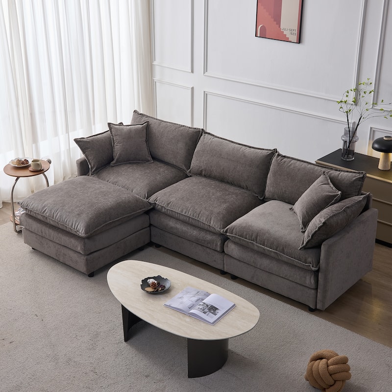 Chenille Upholstered L-shaped Sectional Sofa 3 Seater Modular Couch with Ottoman, Pillows and Double Layer Seat Cushions