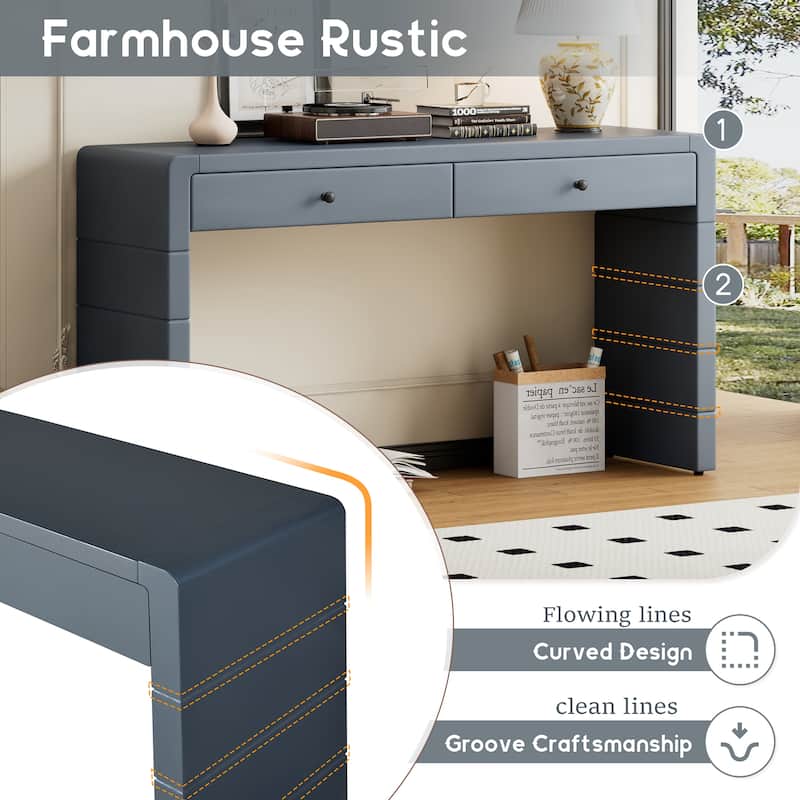Curved Farmhouse Console Table with Storage, Wooden Entryway Table with 2 Drawers for Hallway