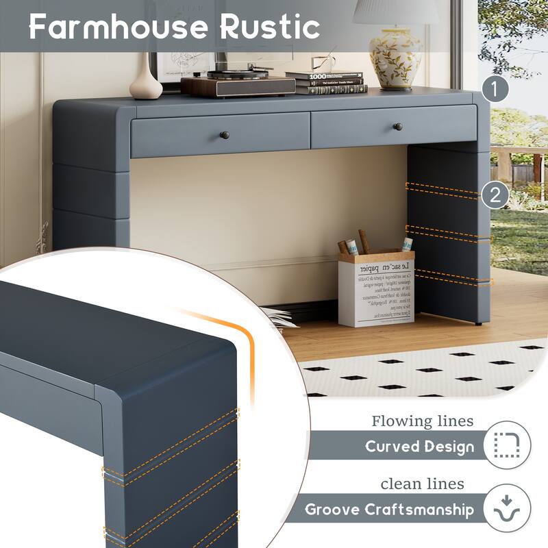 Farmhouse Rustic Entryway Table Curved Console Table with 2 Drawers, for Entryway, Hallway, Living Room, Navy